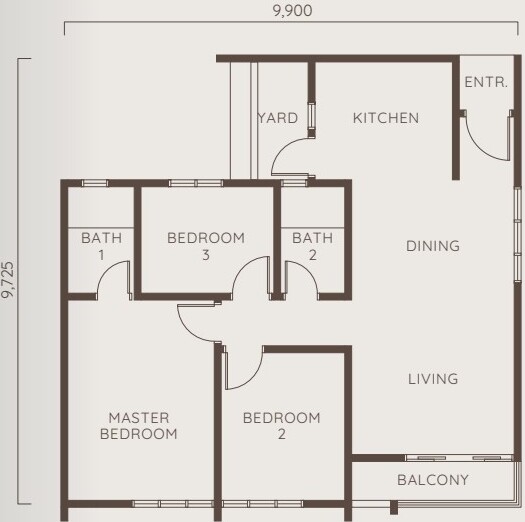 Type D1 floorplan — 915 sqft